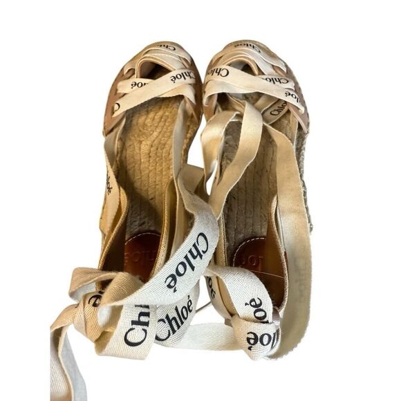 Chloe Beige/White Leather Canvas Espadrille Ankle Wrap Ingrid Flats sz 37/6.5 - Picture 8 of 13